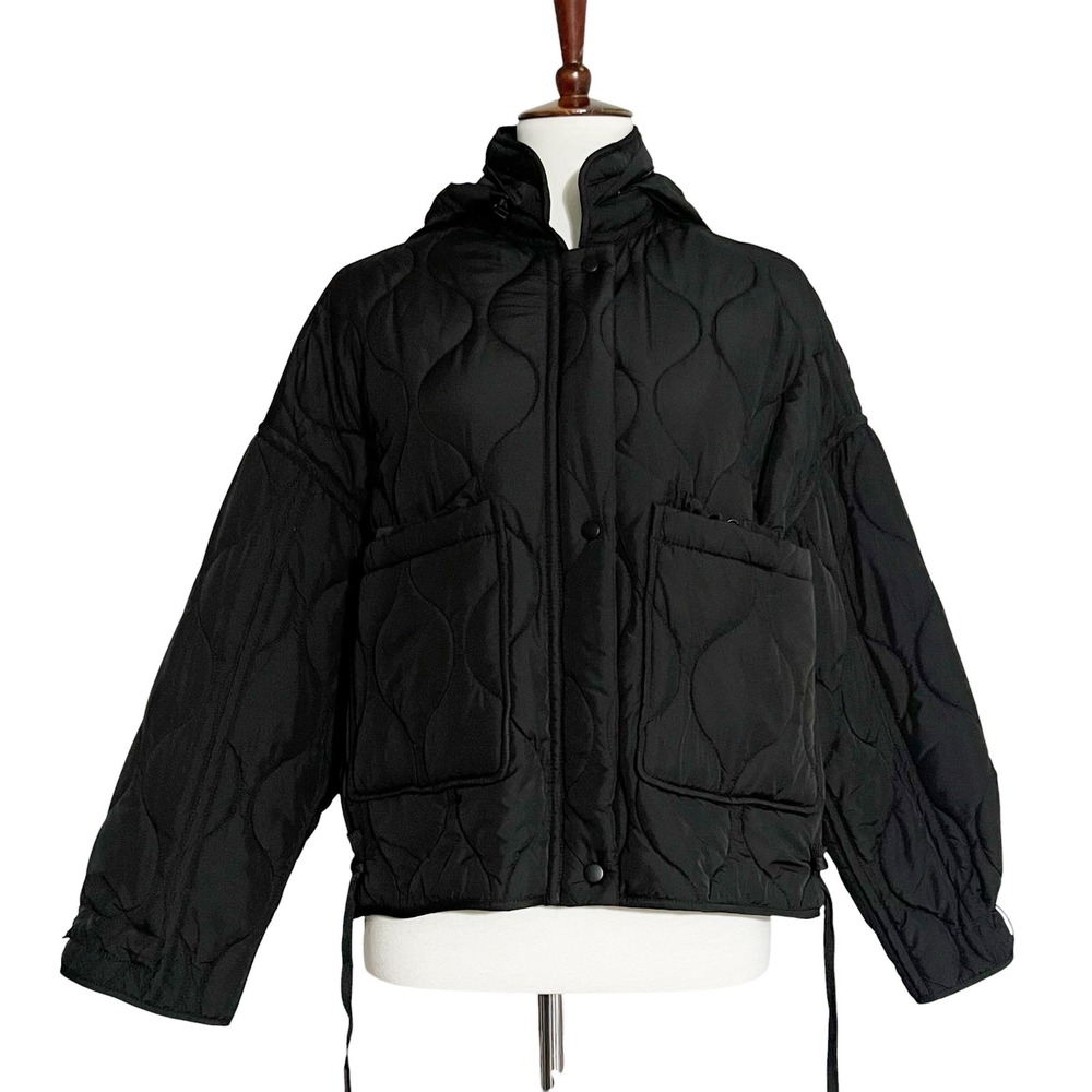 Zara Womens Black Quilted Puffer Jacket Oversized Stowaway Hood Medium